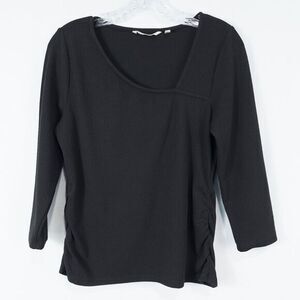 Soft Surroundings Anesha Top Womens Medium Black‎ Ribbed Asymmetric Neck Ruched